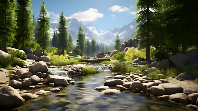 Imagine a tranquil mountain scene with a crystal-clear stream gently meandering through a lush, pristine valley. Towering pine trees line the banks of the stream, casting dappled shadows on the smooth