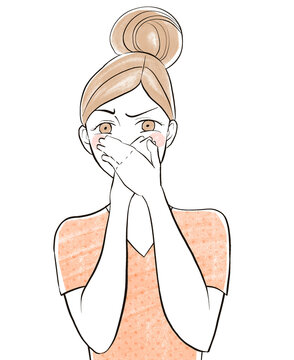 Clip art: woman in pink shirt covering her mouth in surprise