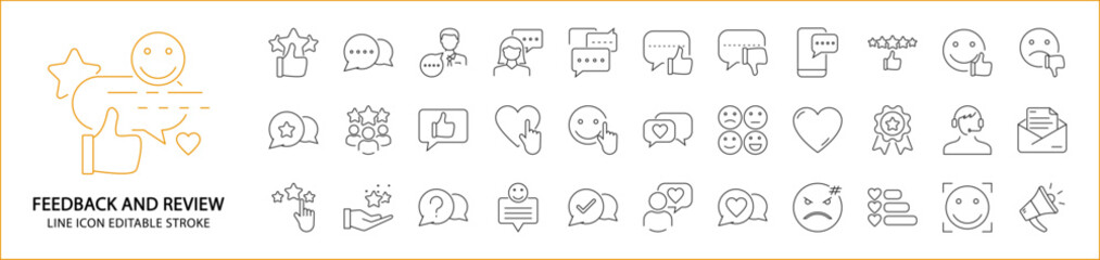 Feedback and review icons. Feedback icons. Review icons. Icon set. Line icons editable stroke. Vector illustration. Customer experience. - obrazy, fototapety, plakaty