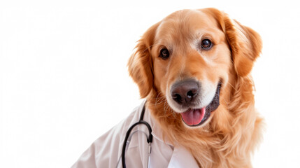 Golden retriever dog dressed as a doctor with a white coat and stethoscope on a white background