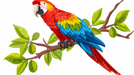 A cute macaw cartoon sitting on branch isolated.