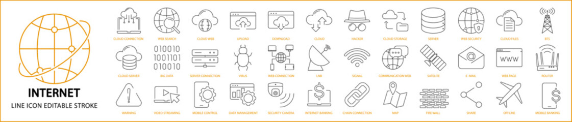Internet icons. Internet icon set. Internet line icons. Vector illustration. Editable stroke.