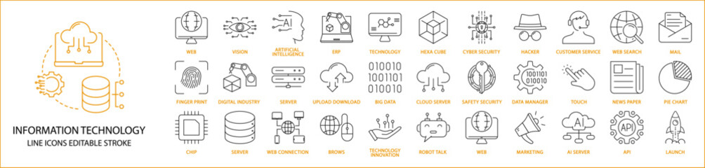 Infomation technology icons. Information technology icon set. Line icons about information technology. Vector illustration. Editable stroke.