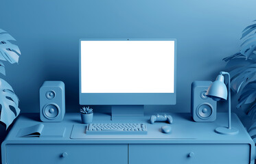 Blue color clay workspace with mockup desktop computer, 3d illustration render