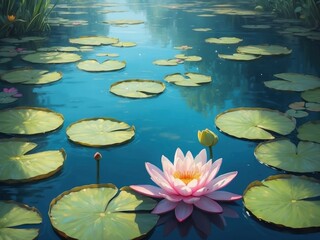 painting water lilies in a pond, illustration