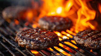 Freshly cooked burgers rest atop an open flame grill creating a charred caramelized crust. The aroma of juicy meat and open fire fills the air.