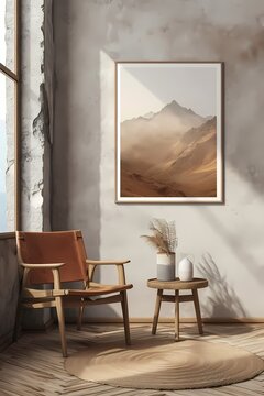 Blank Painting frame mockup with minimalist cozy chair in the  living room