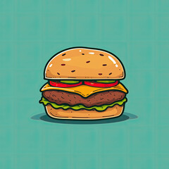 Classic Cheeseburger Delight Cartoon Illustration of a Juicy Beef Burger with Fresh Toppings