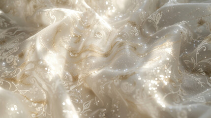 A celestial display of lace with shimmering silver and gold threads creating a celestial motif across the pale fabric.