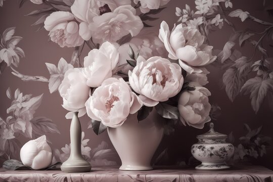  flower in a vase on chinoiseries background wallpaper