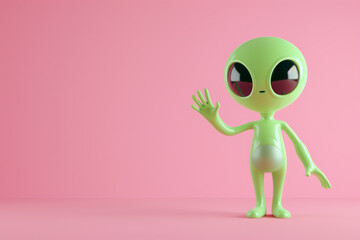 A 3d cartoon character of a friendly alien waving to the camera. 3D render style