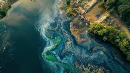 Hazardous chemicals are released into the river Industrial waste water aerial done view Sewage drains into the river Environmental pollution Ecological catastrophe and disaster Contamination - obrazy, fototapety, plakaty