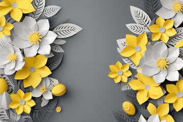 Easter holiday greeting card. Paper cut flowers yellow and grey colors with 3d eggs, holiday background