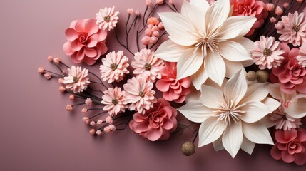 top view of beautiful flowers on pink background for valentine banner or poster