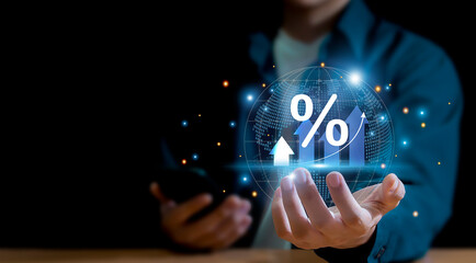 Interest rates and dividends, business development with percentage symbol and upward arrow for...