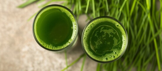 Soft focus top view of wheatgrass juice in two glasses on a brow background.