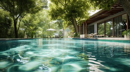Swimming pool in beautiful nature jungle style under trees and house , Generative, Ai