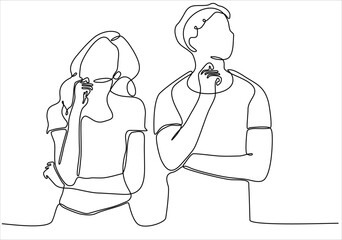 continuous line Confused woman and man thinking vector illustration together.