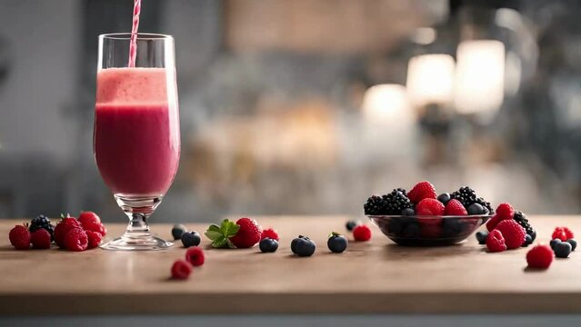 Make a smoothie with berries in the kitchen. Selective focus. drinks, pouring smoothie into glass, stock life, stock video aniamtion, looping animation, 4k stock video, berries, smoothie, videos, ai
