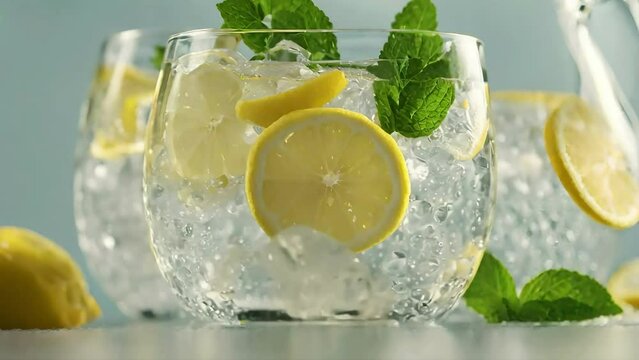 pouring water into glass, water being poured from a bottle into a glass on a light background, lemon soda, sparkling soda, looping video aniamtion, looping, 4k, stock video animation, drinks video

