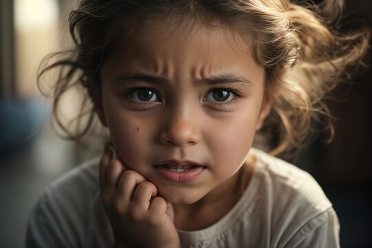 A child with a pained expression, clutching their cheek as they struggle with dental pain,concept health diseases.