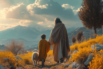 St. Joseph with boy Jesus Christ herding sheep: portrayal of a biblical drama, illustrating sacred bond between saint Joseph and young Jesus as they tend to the flock.