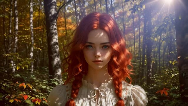 portrait of charming young red haired girl with freckles, outdoors in an autumn park.