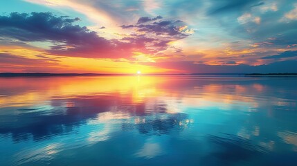 Obraz premium stunning sunrise over the lake with vibrant colors reflecting in the water in a zen and calm enviroment