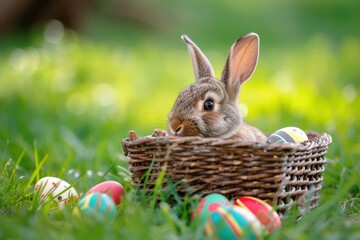 An Easter bunny peeks out curiously from behind woven basket is set in a field of  green grass, where colorful, decorative Easter eggs are nestled around the basket - Powered by Adobe