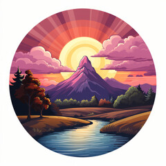 Vibrant Sunset Over Mountainous Landscape Illustration

