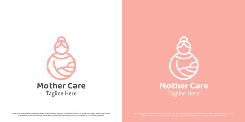 Mother holding baby logo design illustration. Mother embracing baby child son birth affection care. Minimal linear icon symbol compassion gentle warmth feminine maternal parent family happiness. - obrazy, fototapety, plakaty