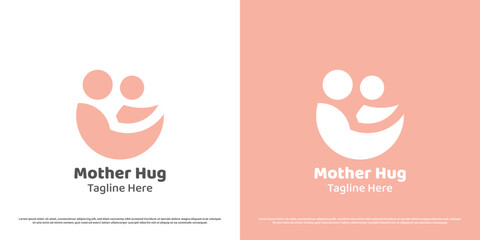Mother child logo design illustration. Silhouette of mother loving child baby son embracing cradling hug care support. Minimal icon symbol affection compassion happiness warm warmth peace calm hope.