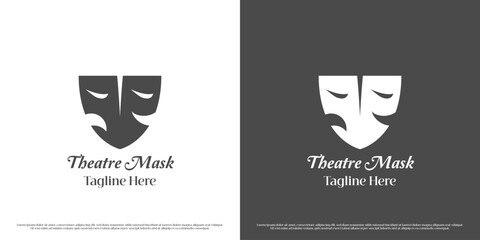 Theater mask logo design illustration. Silhouette of mask face mask scary cheerful laugh sad joyful cheerful cry feeling emotion. Symbol icon theater film drama party performance event celebration.