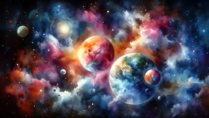 Vibrant watercolor cosmic scene with planets and nebula