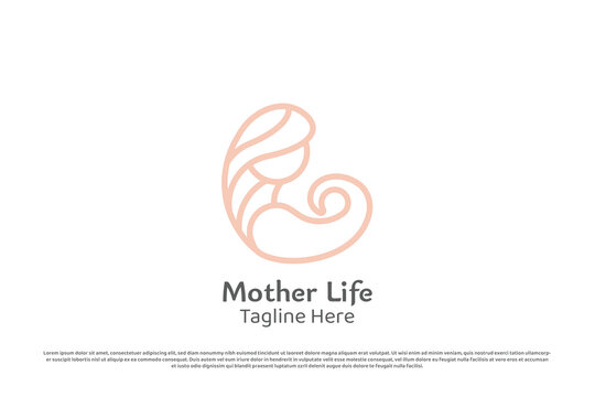 Mother hug baby logo design illustration. Mother woman girl people beauty support care embracing baby son child childhood moment. Minimal simple icon symbol warmth peace happiness grateful family.