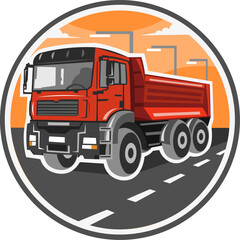 Red construction truck vector image in circle with road and highway landscape during driving. Construction truck collection