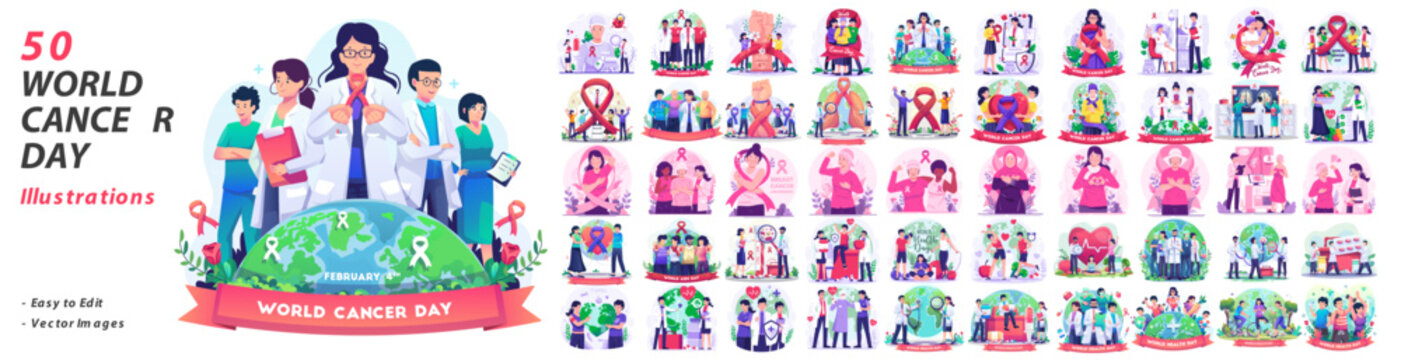 Huge Set Collection of World Cancer Day Vector Illustrations With People, Doctors, Nurses, and Cancer Patients. Breast Cancer Awareness Set Illustration