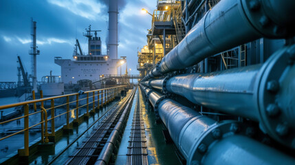 Cryogenic hoses and pipes connect the tanks on the deck of the LNG carrier to the shore terminal allowing for the loading and unloading of liquefied natural gas.
