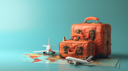 Fototapeta premium travel Concept with a Plane, a Famous Landmark World, and Traveling luggage, a blue background