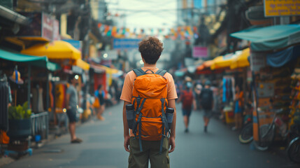 Asian traveling backpacker in Khaosan Road outdoor market in Bangkok, Thailand, man with backpack - obrazy, fototapety, plakaty