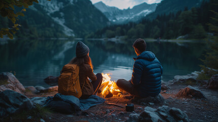 campfire outside a tent in the forest, couple on a camping trip, traveler relaxed camping trip, outdoor campfire, couple relaxing by the lake in the evening