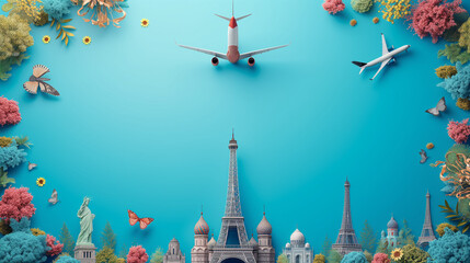 Top view background Illustration Travel Concept with Plane, Famous Landmark World, and Traveling luggage, blue background with copy space