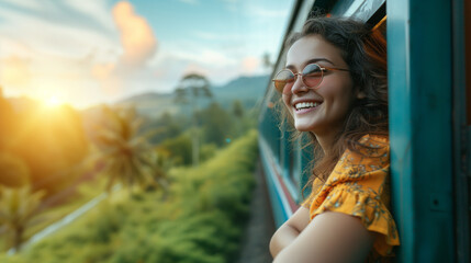 A happy smiling woman looks out from window traveling by train in Sri Lank, most picturesque train road in Sri Lanka	 - obrazy, fototapety, plakaty