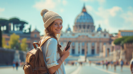 Rome Europe Italia travel summer tourism holiday vacation background, young smiling woman with a mobile phone camera and map in hand standing on the hill looking on the cathedral the Vatican - obrazy, fototapety, plakaty