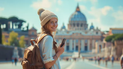 Poster Rome Europe Italia travel summer tourism holiday vacation background, young smiling woman with a mobile phone camera and map in hand standing on the hill looking on the cathedral the Vatican © Fokke Baarssen