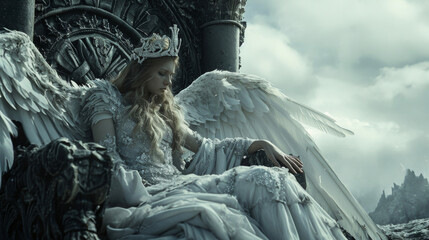 Sitting upon a throne of bones a regal angel with ivory wings and a crown of shattered gl surveys...