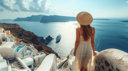 Travel Europe summer holiday woman with hat enjoying Oia, Santorini Greece cruise vacation. Sun...