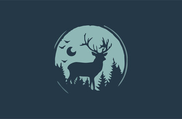 Deer on forest night vector logo illustration