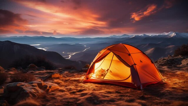 Orange Camping Tent in a Take breathing Landscape At Evening Sunset. Dreamy Scene For A Camper and Nature Adventure Lovers. Camp on Mountain. Zoom out animation with Warm Light 