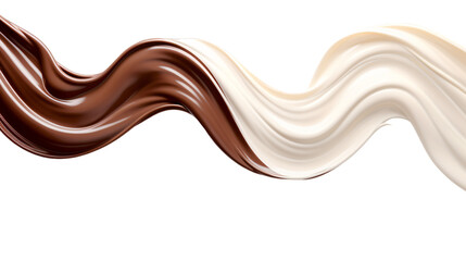 Chocolate and creamy milk mixing flow in a curve on an isolated background